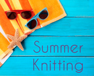 Summer Knitting with 2 pairs of sunglasses, a starfish and a striped towel, all on a bright blue wood background.