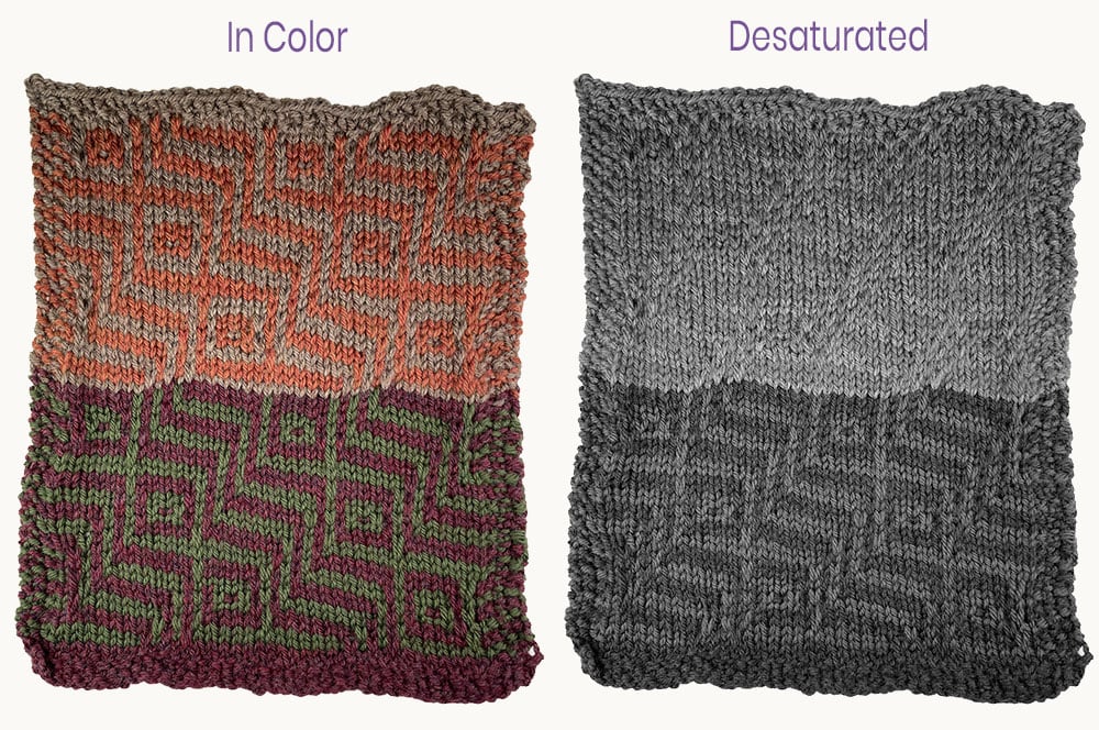 The same Mosaic Maze swatch shown in color and desaturated, with the Flame and Walnut pairing on top losing its motif almost entirely while the Bordeaux and Chive pairing below holds its path.