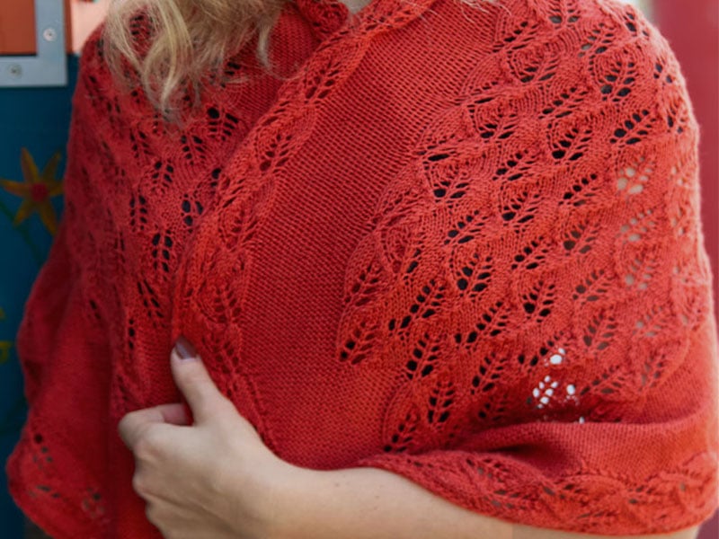 Blood Orange knit leaf lace wrap with tapered ends, worked in Cascade Heritage Silk fingering yarn