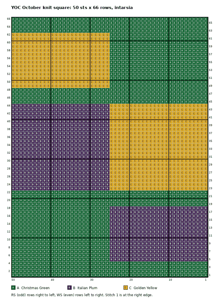 Intarsia chart for the Crop Rotation knit square, 50 stitches by 66 rows