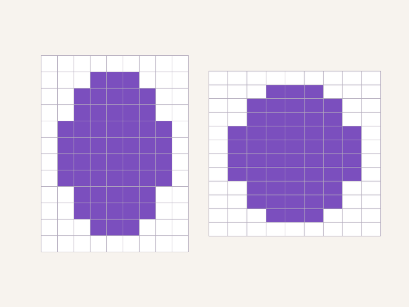 Colorwork chart of a purple motif on a square grid and on a stitch-shaped grid